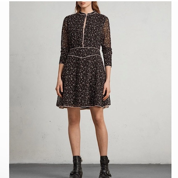 All Saints ‘Kay Pepper’ Black Micro Floral Print Dress - high neck -US8 long sle - Picture 1 of 6